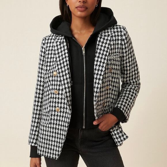 Express Houndstooth Double Breasted Hooded Blazer Jacket - Picture 1 of 10